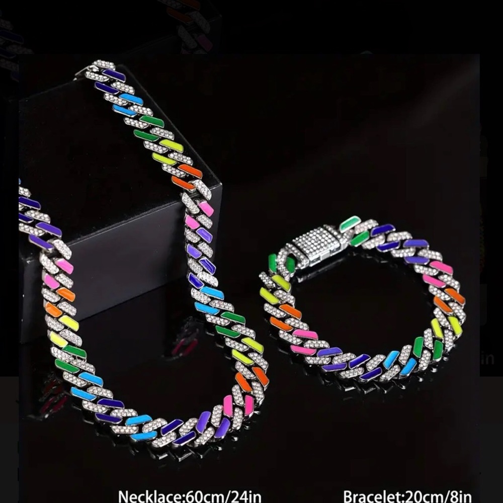 Hip Hop Chain 2pcs Colorful Cuban Link Chain Necklaces,Silvery Plated - Picture 1 of 4